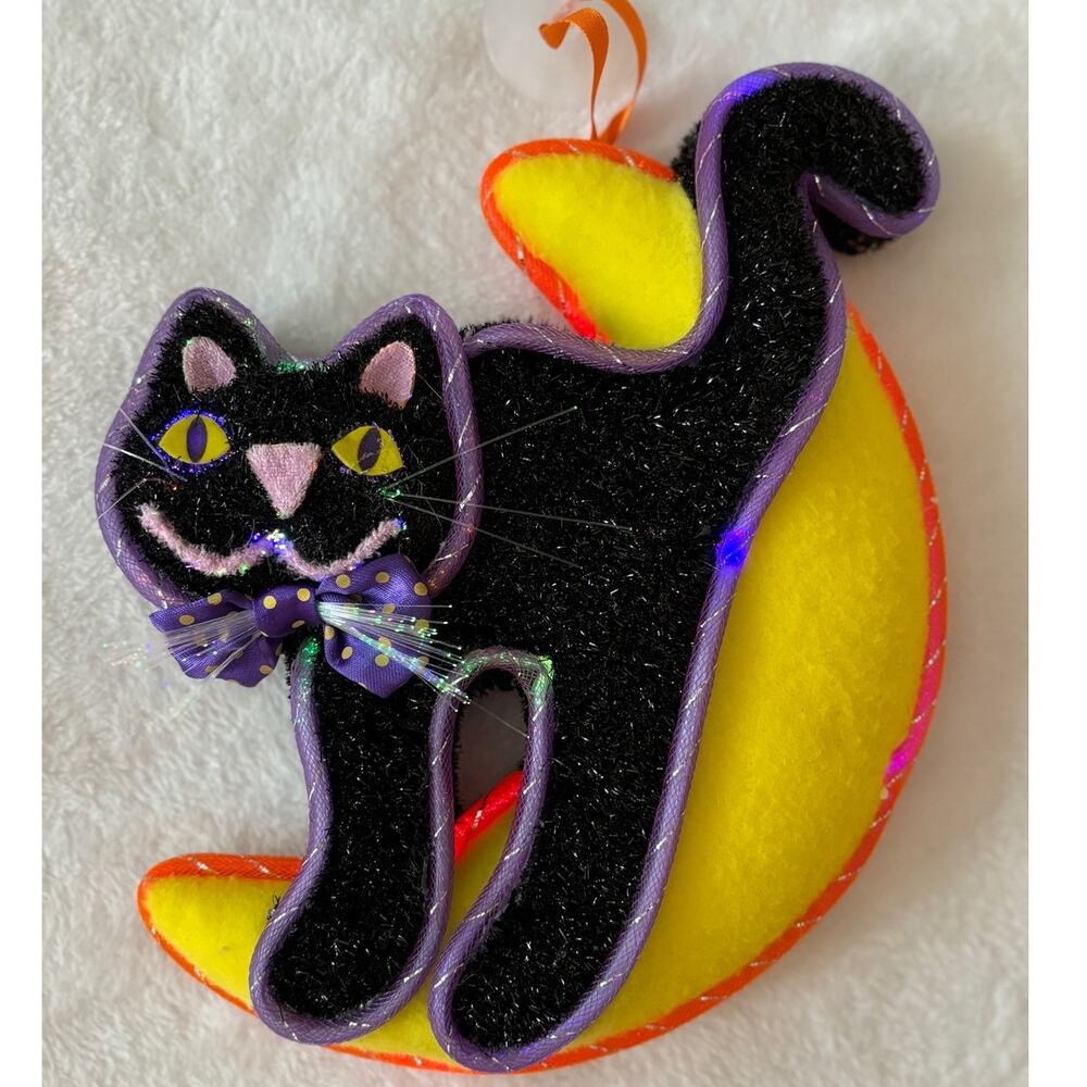 Avon Halloween Glowing Fiber Optic Color Changing‎ Cat on Moon Vintage 2004